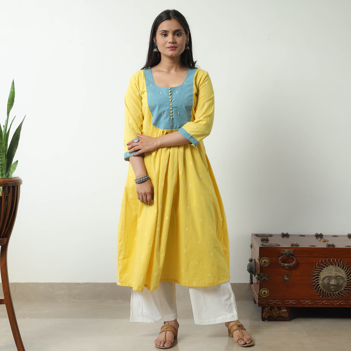 Yellow - Jacquard Cotton A-Line Kurta 04