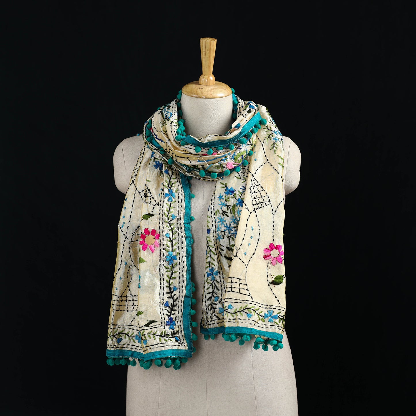 Ranihati Chanderi Silk Hand Embroidered Stole with Pom Pom 231