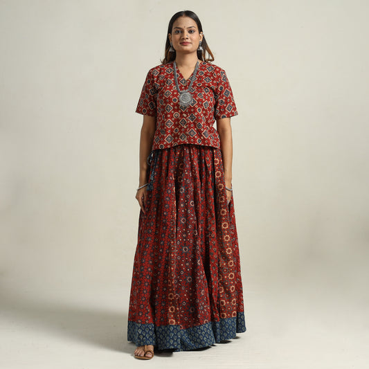 Red - Ajrakh Block Printed 24 Kali Patchwork Cotton Long Skirt22