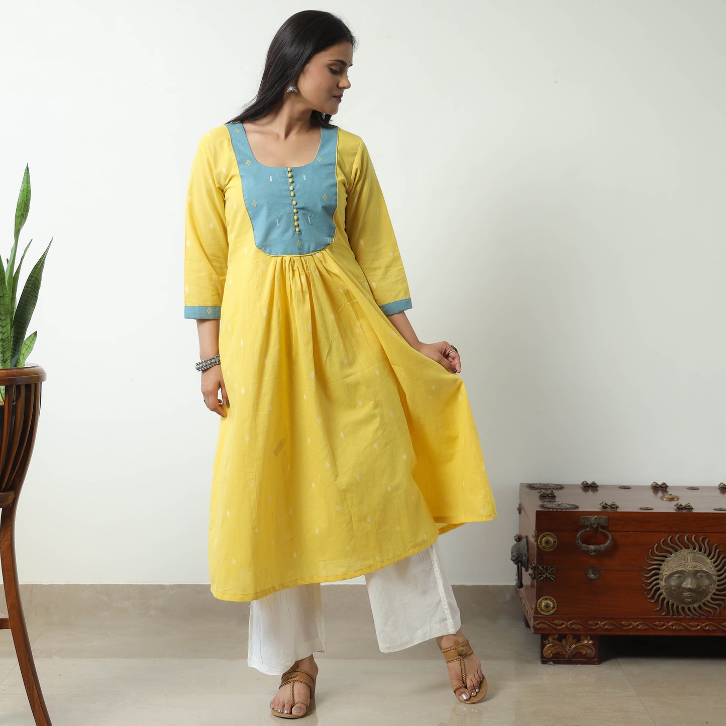 Yellow - Jacquard Cotton A-Line Kurta 04
