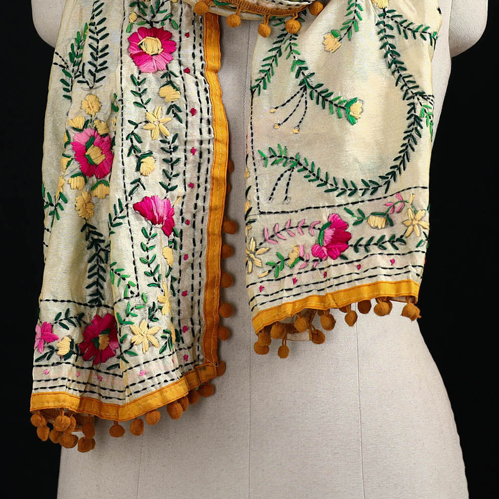 Ranihati Chanderi Silk Hand Embroidered Stole with Pom Pom 233