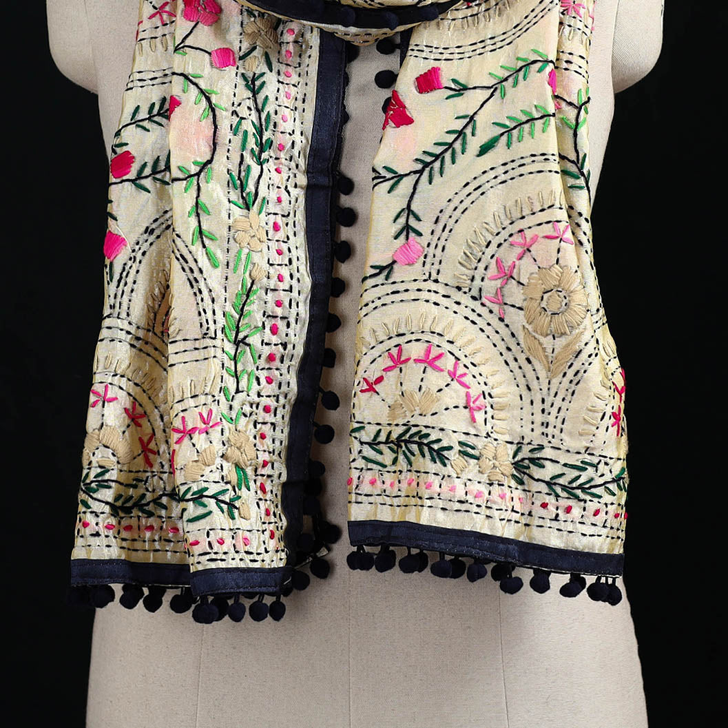 Ranihati Chanderi Silk Hand Embroidered Stole with Pom Pom 235