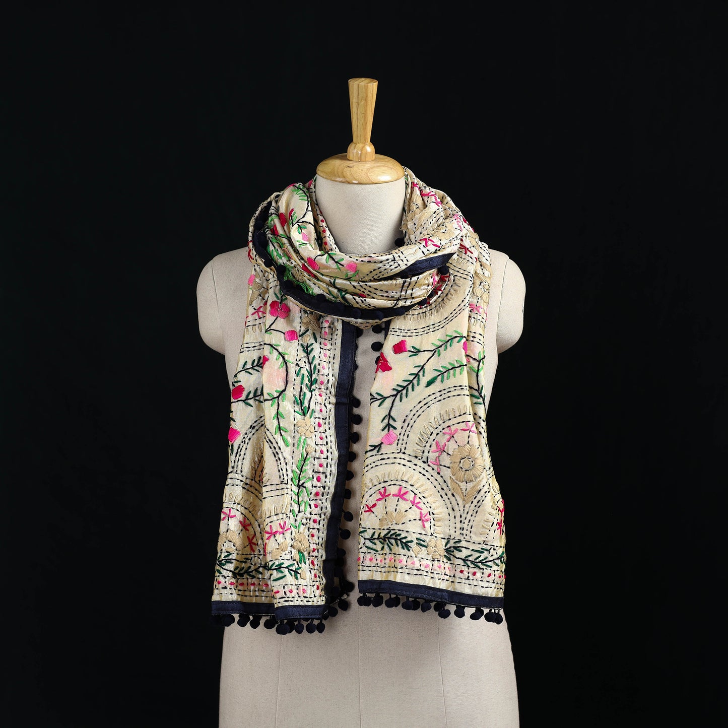 Ranihati Chanderi Silk Hand Embroidered Stole with Pom Pom 235