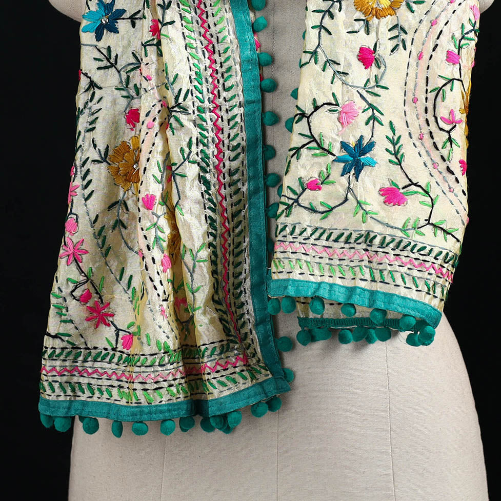 Ranihati Chanderi Silk Hand Embroidered Stole with Pom Pom 236