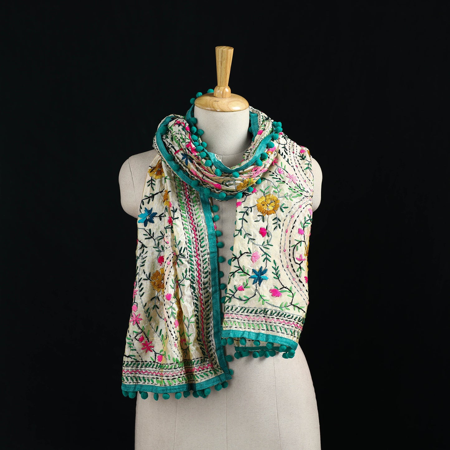 Ranihati Chanderi Silk Hand Embroidered Stole with Pom Pom 236