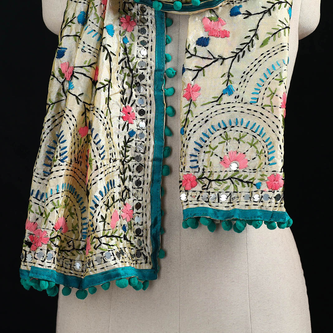 Ranihati Chanderi Silk Hand Embroidered Stole with Pom Pom 237