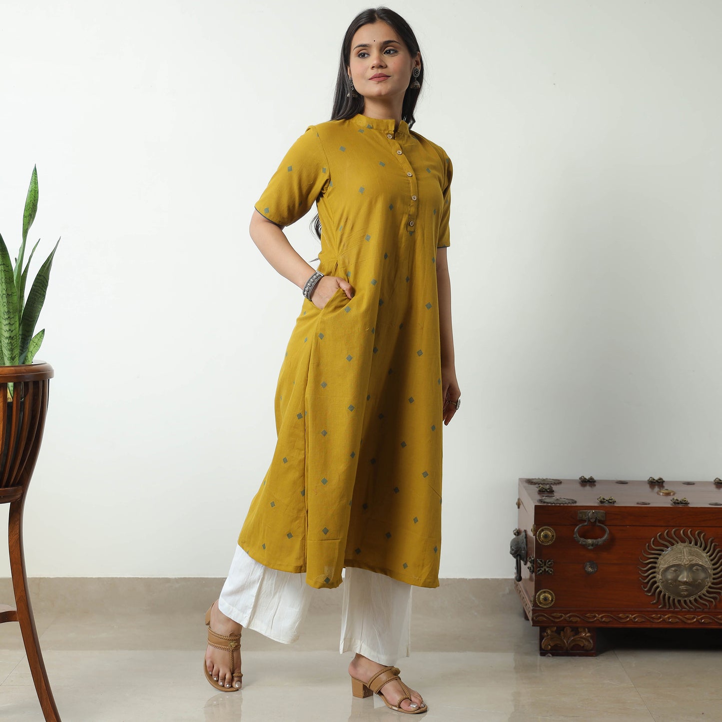 Yellow - Jacquard Cotton A-Line Kurta 24