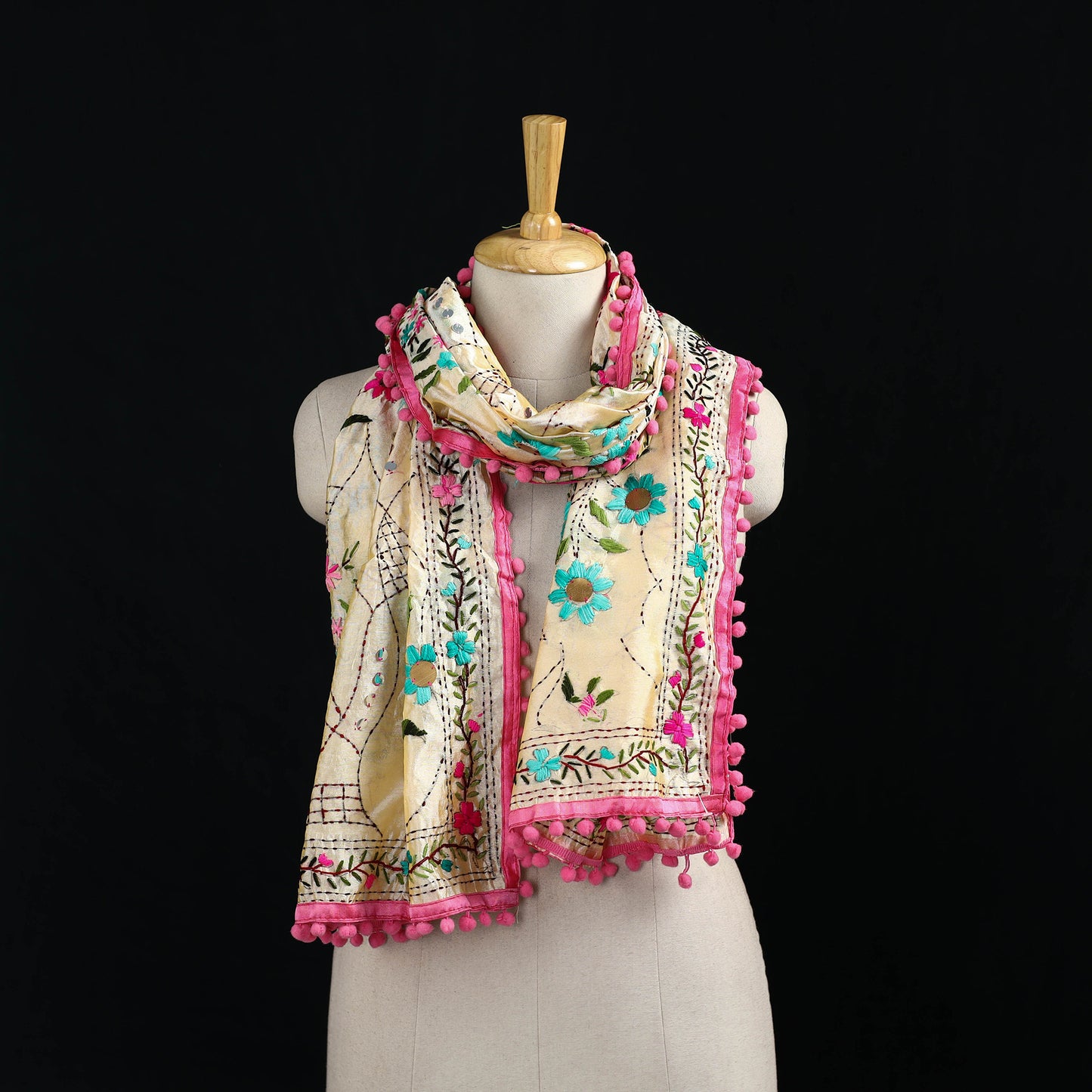 Ranihati Chanderi Silk Hand Embroidered Stole with Pom Pom 238