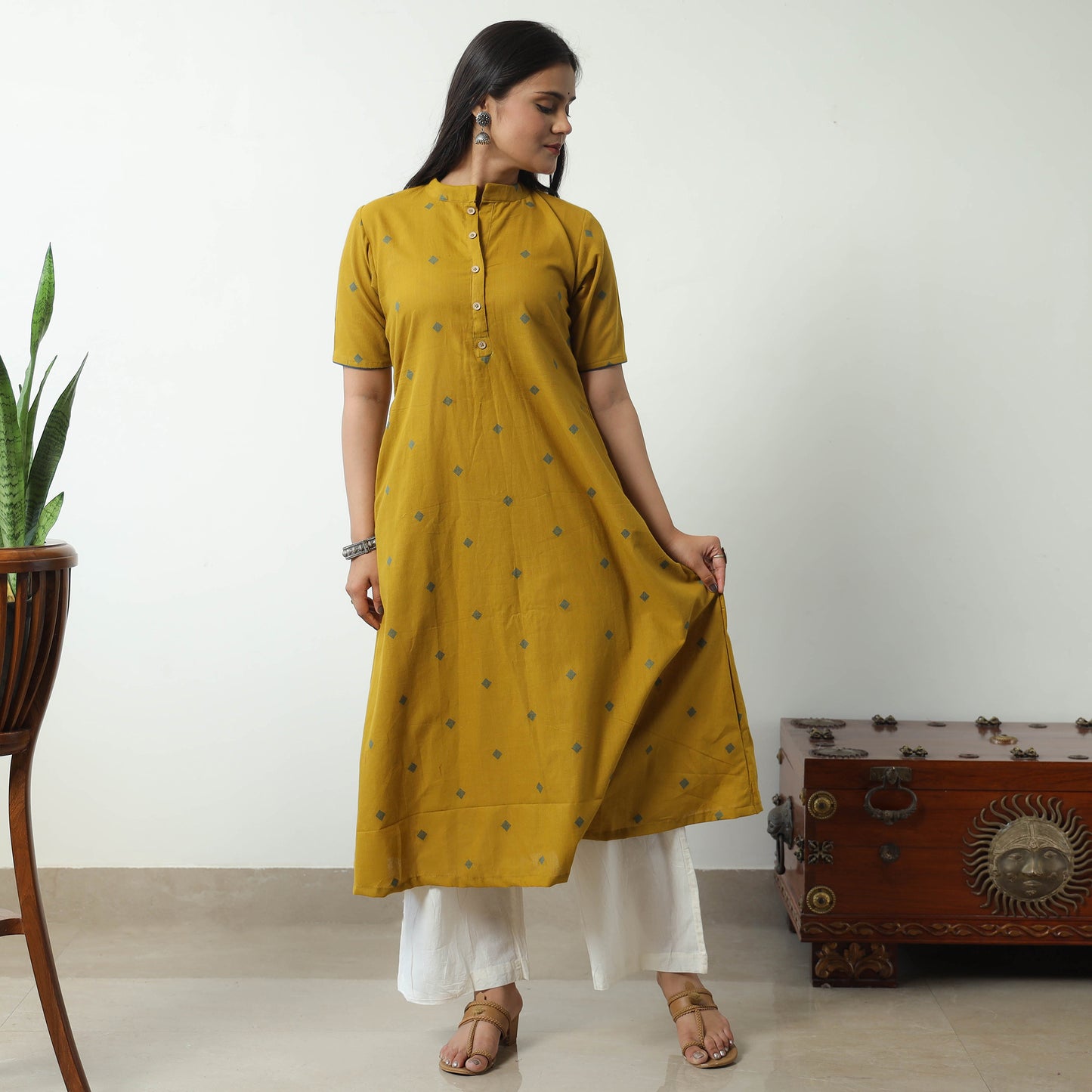 Yellow - Jacquard Cotton A-Line Kurta 24