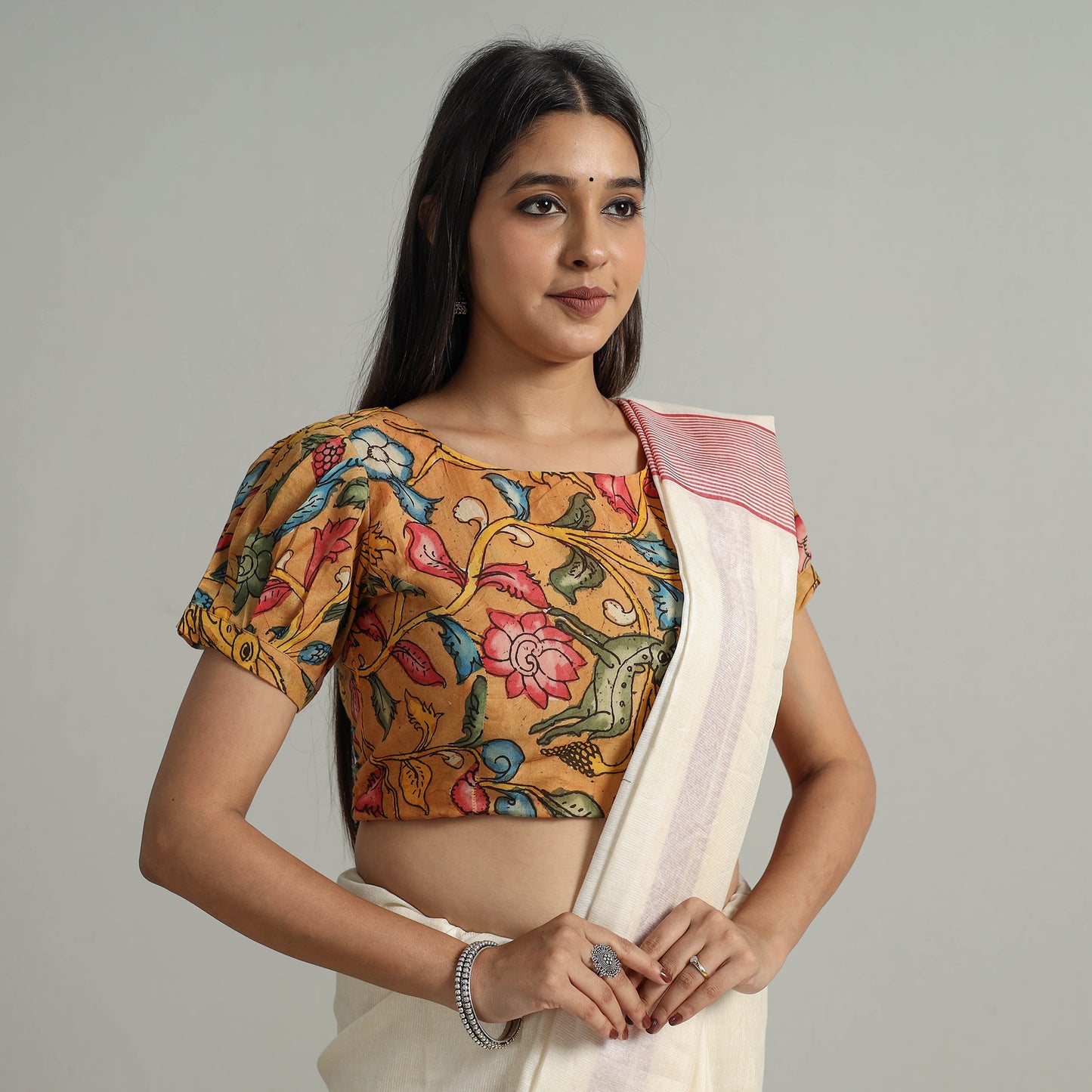 Orange - Srikalahasti Handpainted Penwork Kalamkari Chanderi Silk Stitched Blouse 16