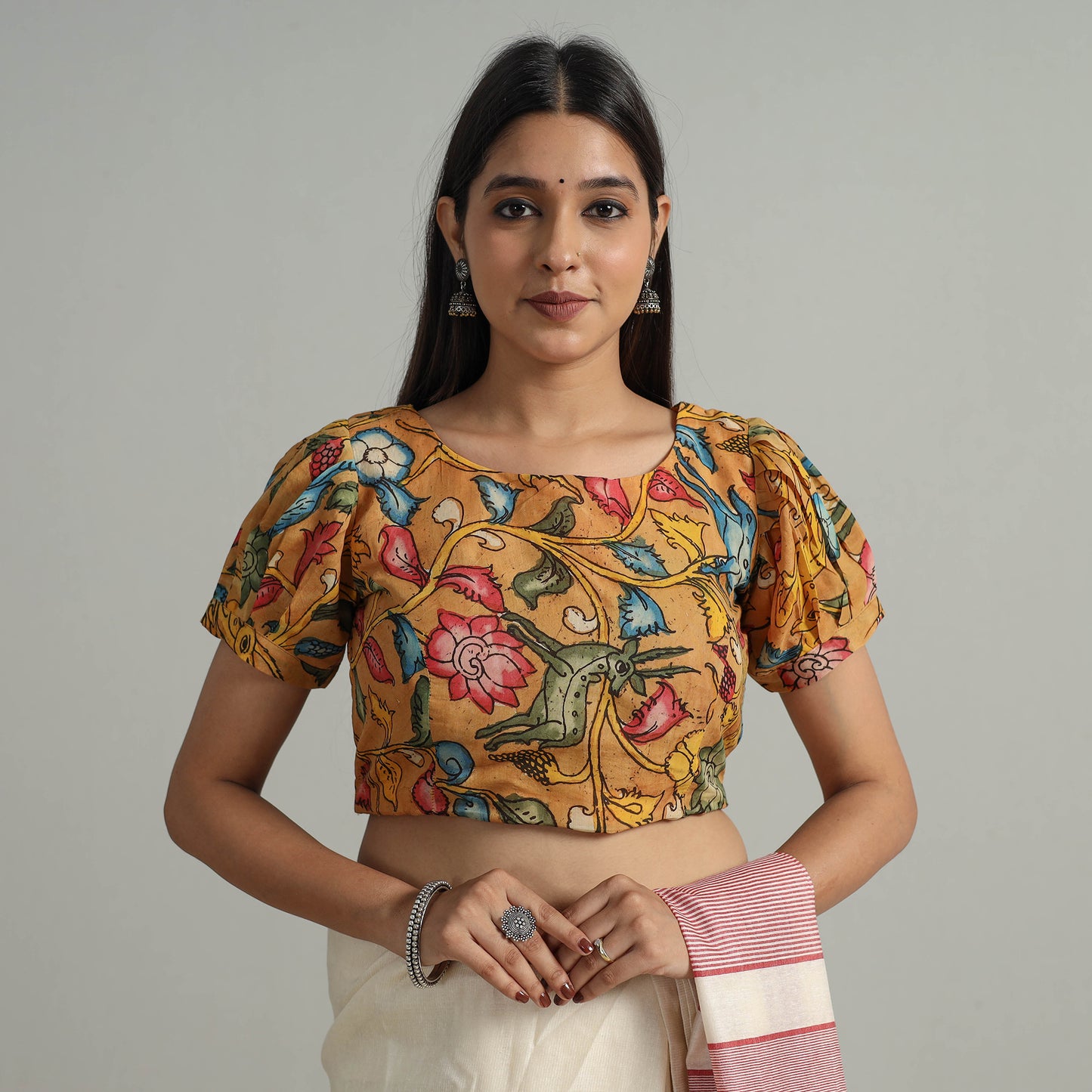 Orange - Srikalahasti Handpainted Penwork Kalamkari Chanderi Silk Stitched Blouse 16