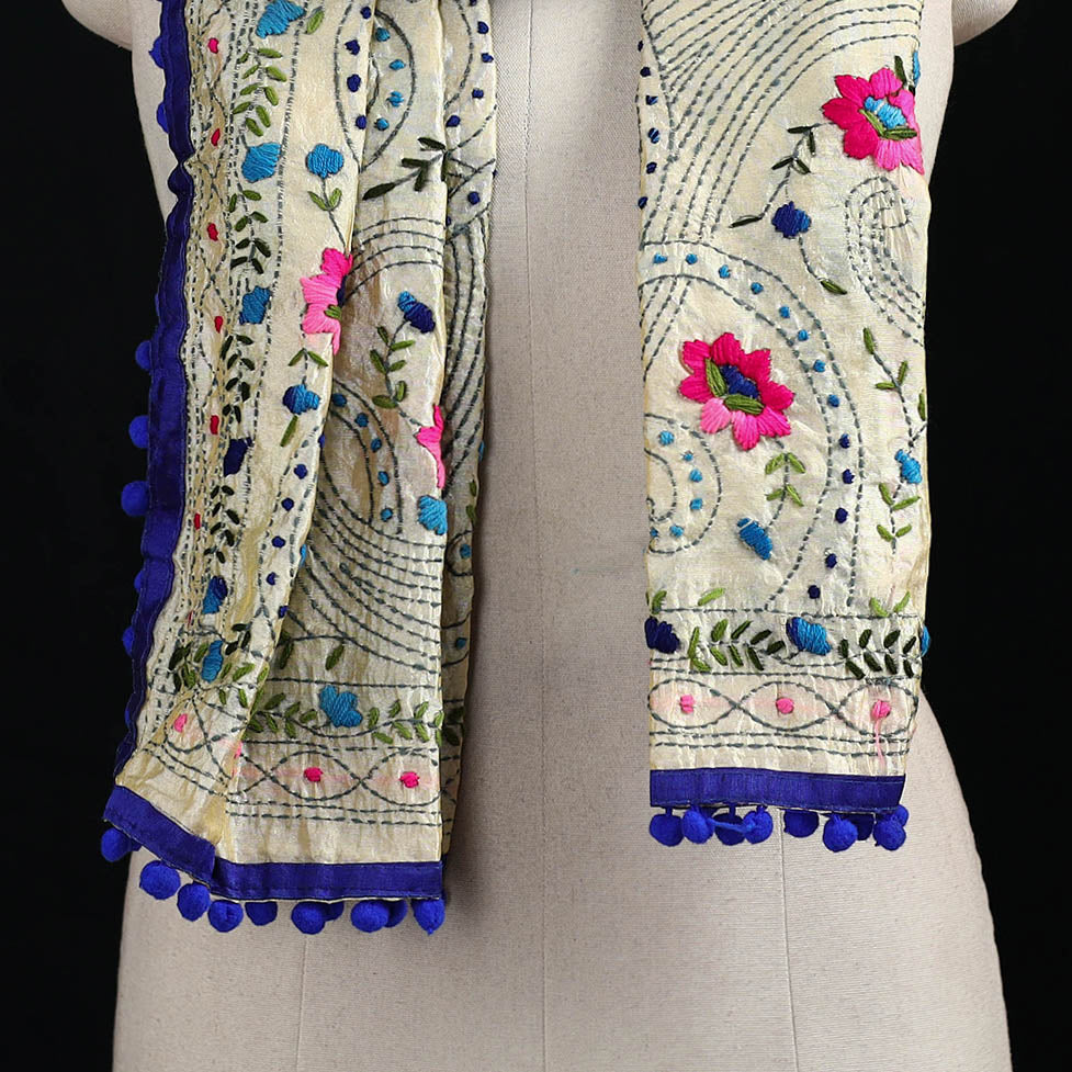 Ranihati Chanderi Silk Hand Embroidered Stole with Pom Pom 241