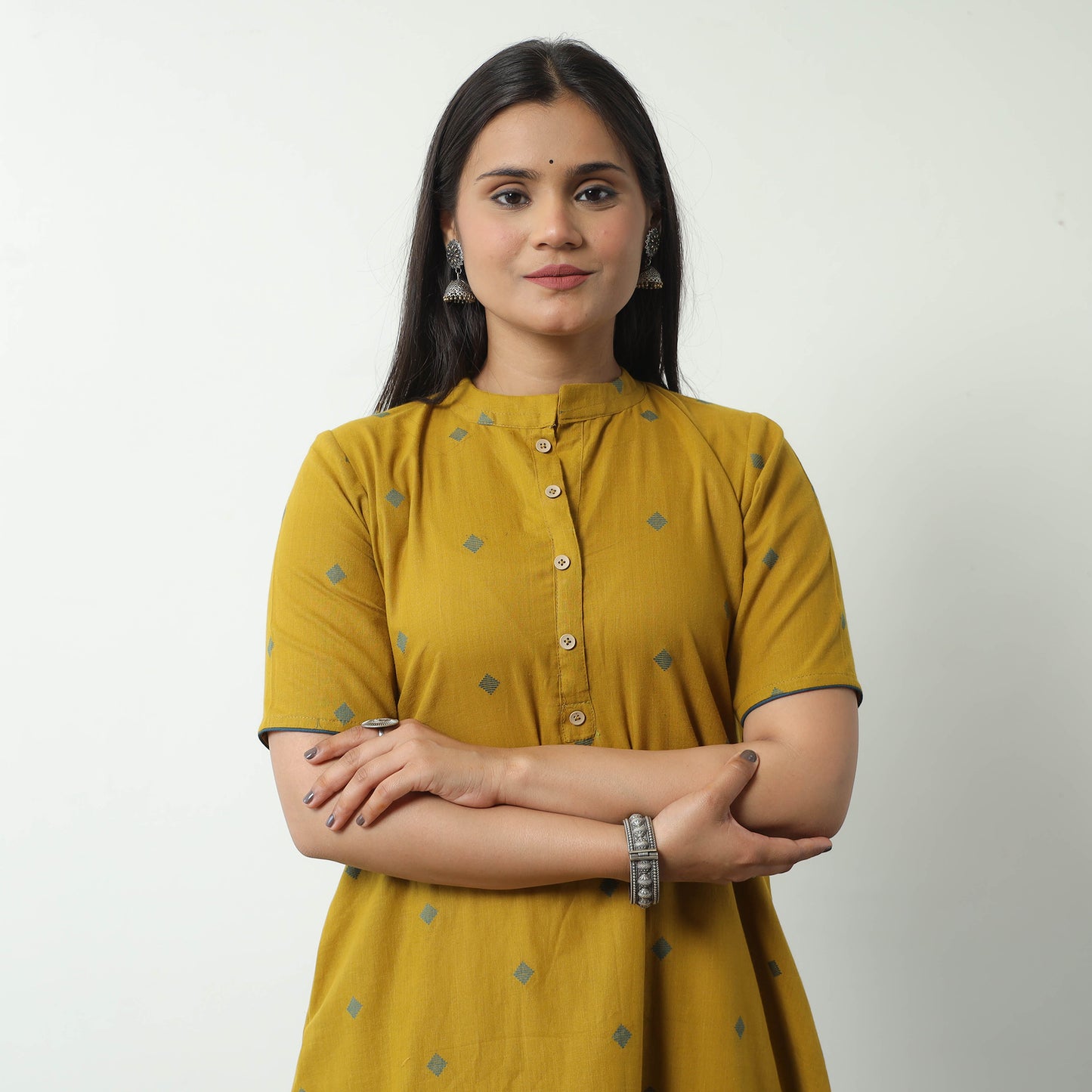 Yellow - Jacquard Cotton A-Line Kurta 24