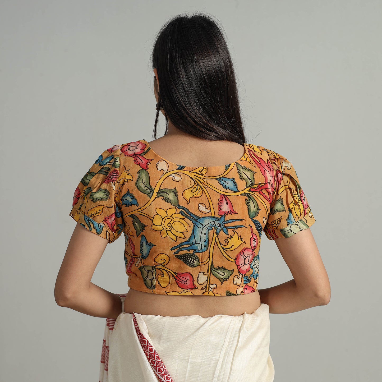 Orange - Srikalahasti Handpainted Penwork Kalamkari Chanderi Silk Stitched Blouse 16