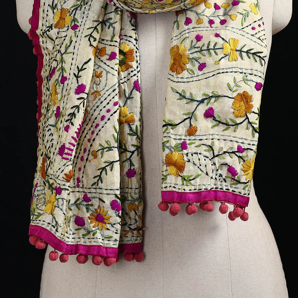 Ranihati Chanderi Silk Hand Embroidered Stole with Pom Pom 242