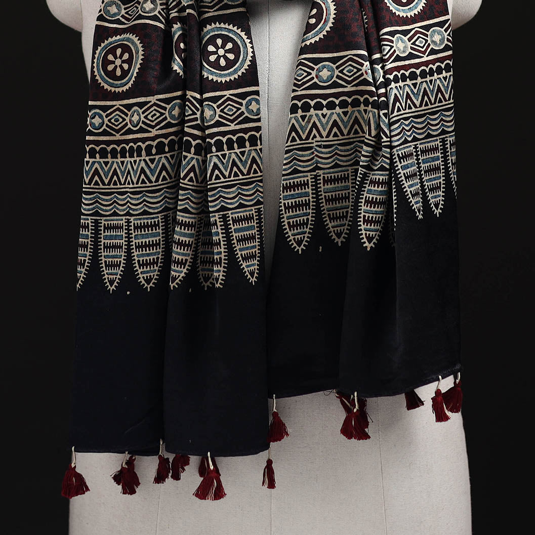 Ajrakh Hand Block Print Natural Dyed Mashru Silk Stole 05