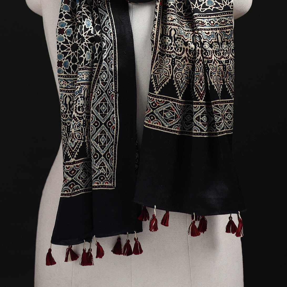Ajrakh Hand Block Print Natural Dyed Mashru Silk Stole 06