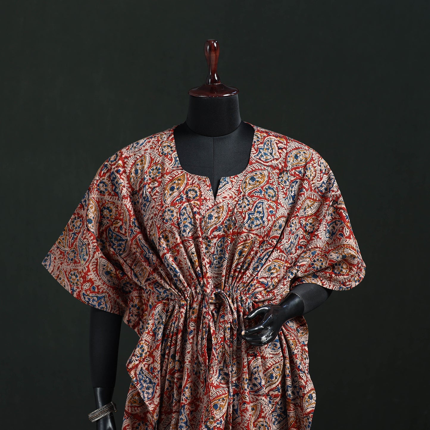 Red - Kalamkari Hand Block Print Natural Dyed Cotton Kaftan (Short) 32