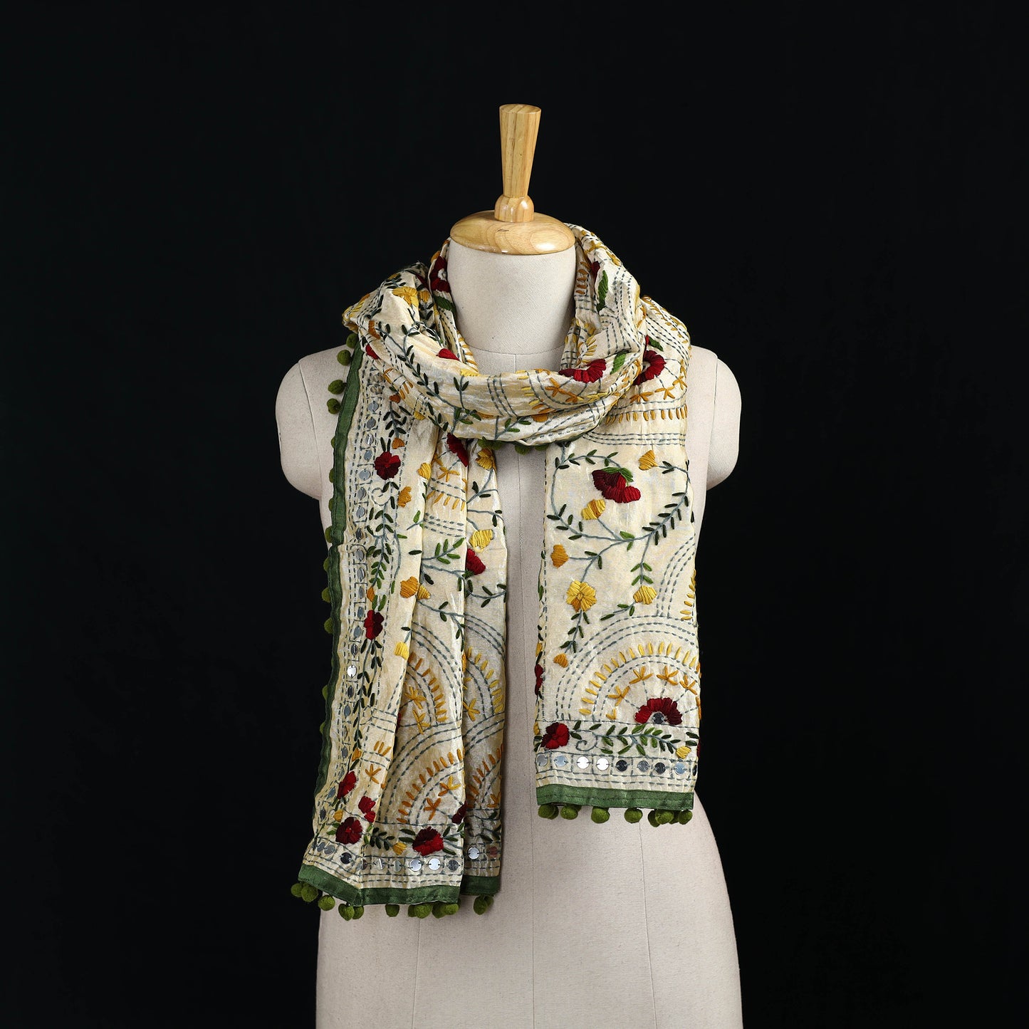 Ranihati Chanderi Silk Hand Embroidered Stole with Pom Pom 243