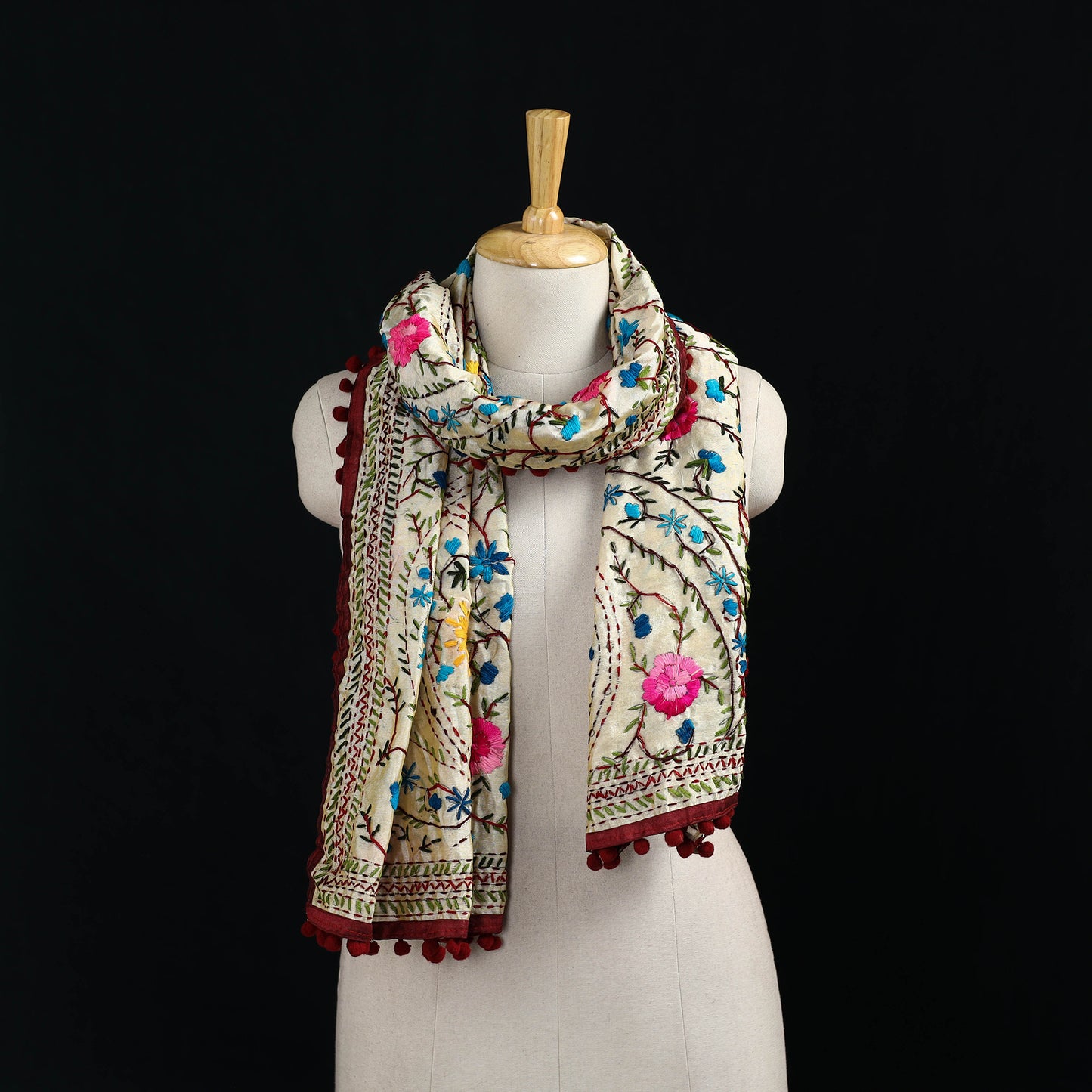 Ranihati Chanderi Silk Hand Embroidered Stole with Pom Pom 244