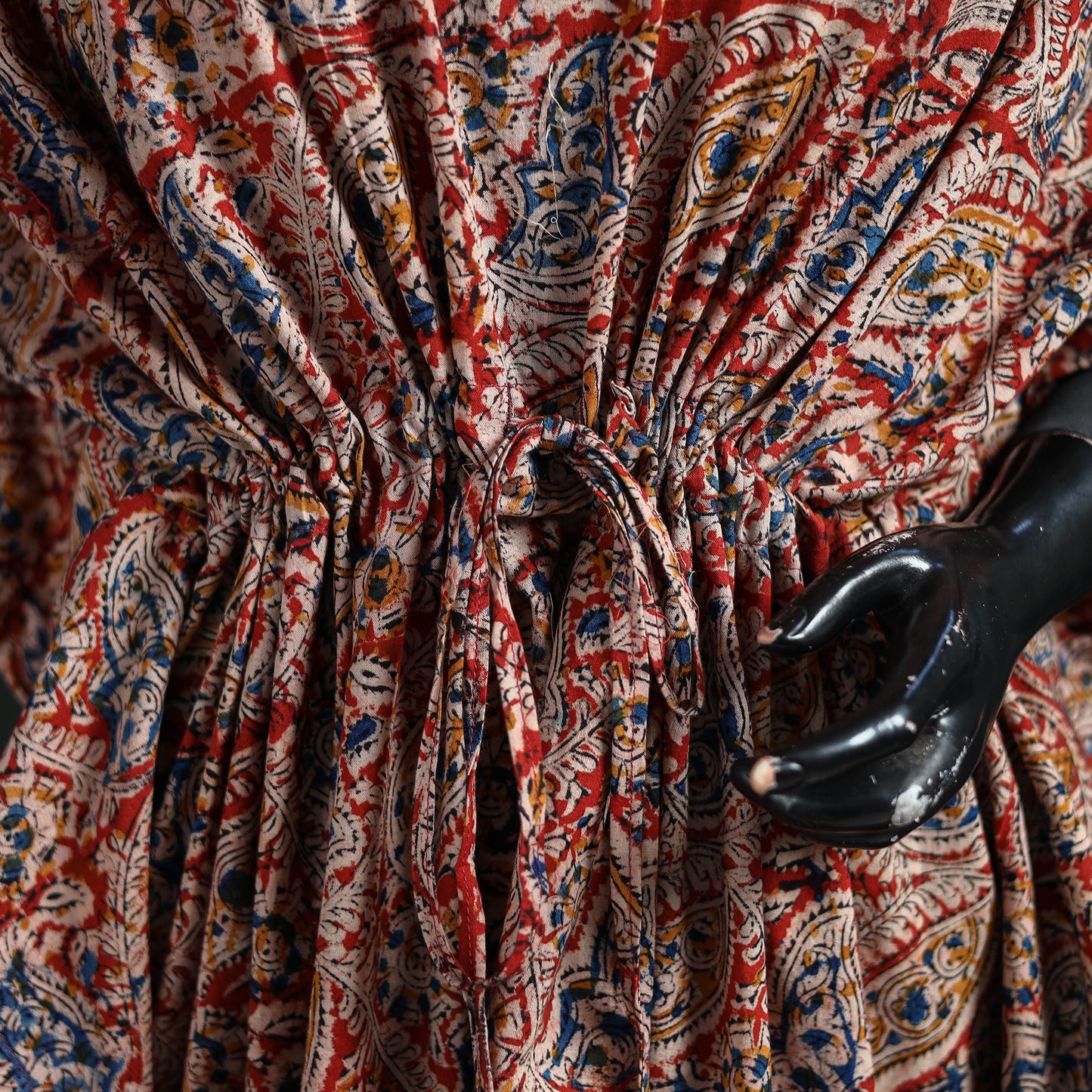 Red - Kalamkari Hand Block Print Natural Dyed Cotton Kaftan (Short) 32