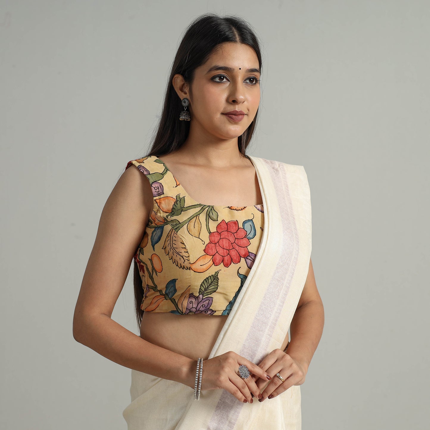 Yellow - Srikalahasti Handpainted Penwork Kalamkari Chanderi Silk Stitched Blouse 03