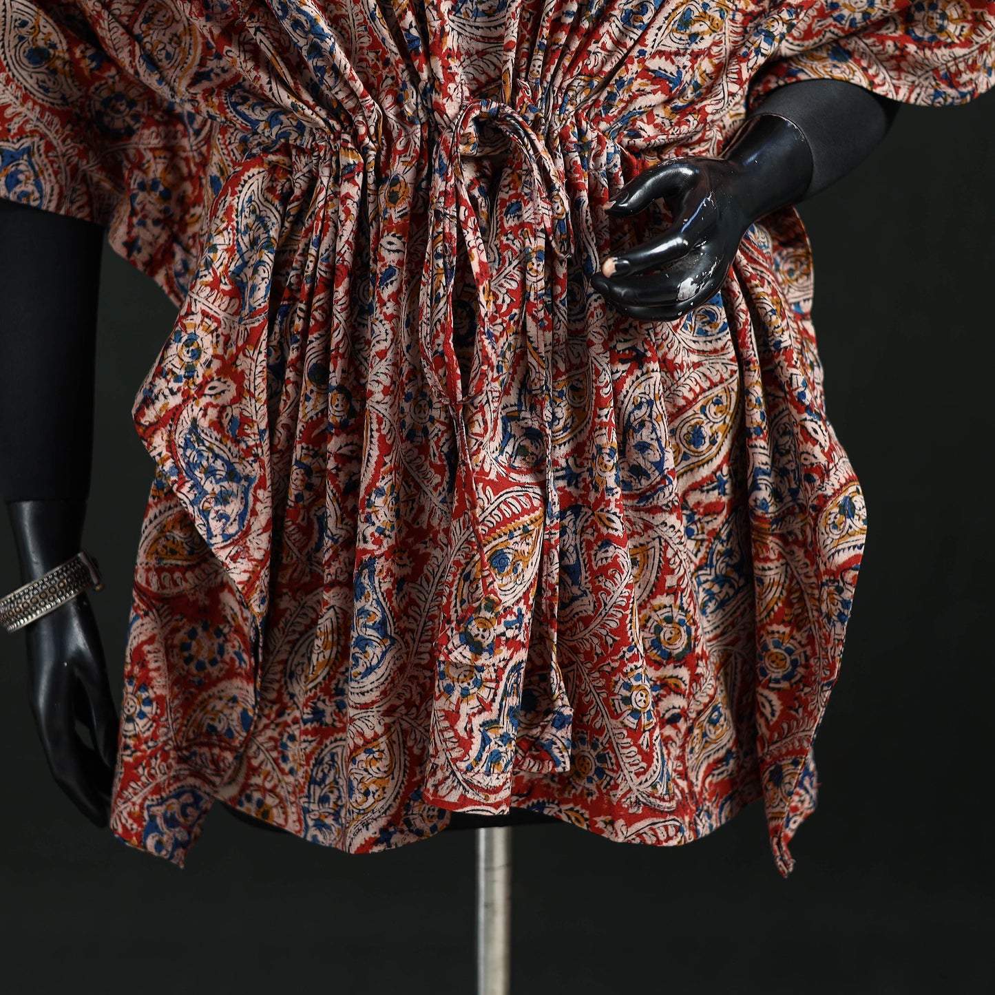 Red - Kalamkari Hand Block Print Natural Dyed Cotton Kaftan (Short) 32