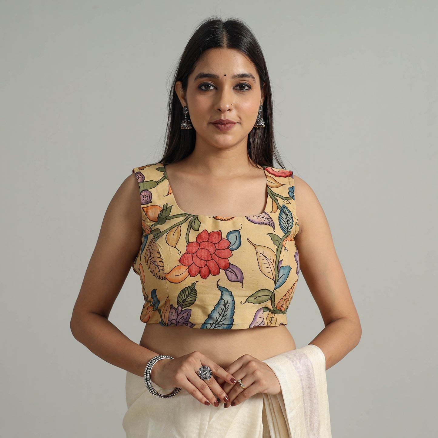 Yellow - Srikalahasti Handpainted Penwork Kalamkari Chanderi Silk Stitched Blouse 03