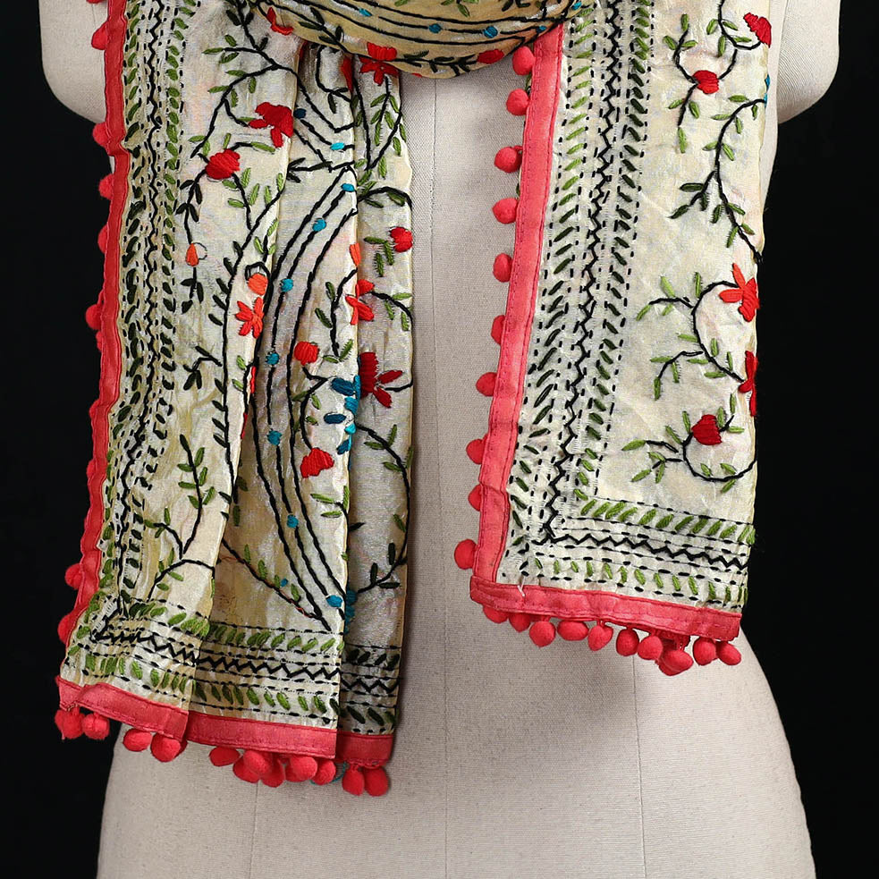 Ranihati Chanderi Silk Hand Embroidered Stole with Pom Pom 247