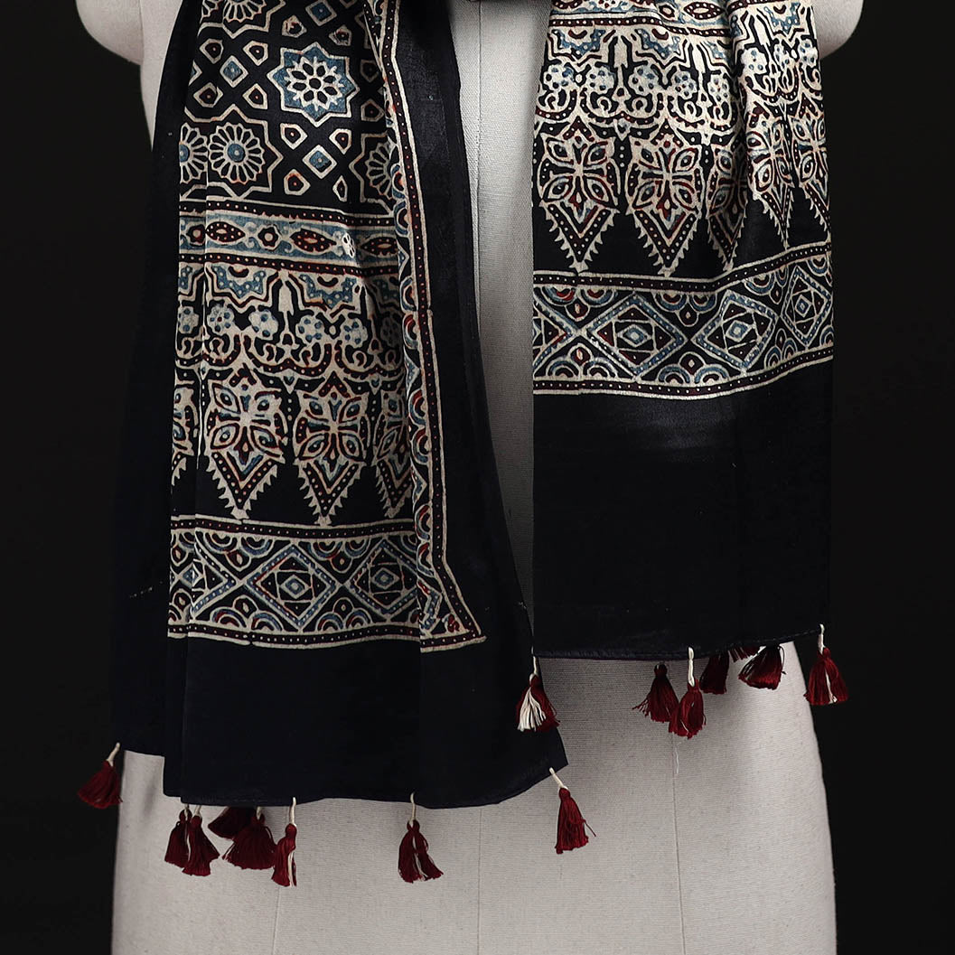 Ajrakh Hand Block Print Natural Dyed Mashru Silk Stole 09