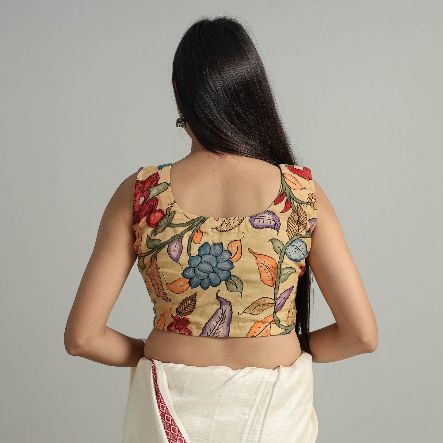 Yellow - Srikalahasti Handpainted Penwork Kalamkari Chanderi Silk Stitched Blouse 03