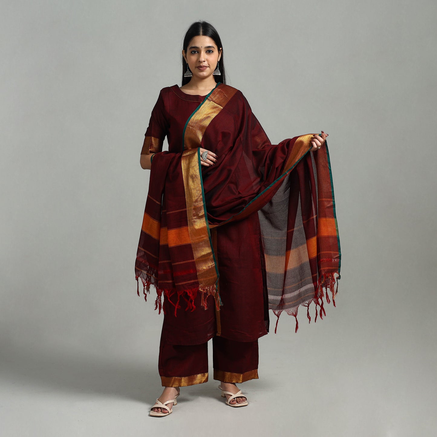 Maroon - Cotton Dharwad Kurta Set with Palazzo & Dupatta 10