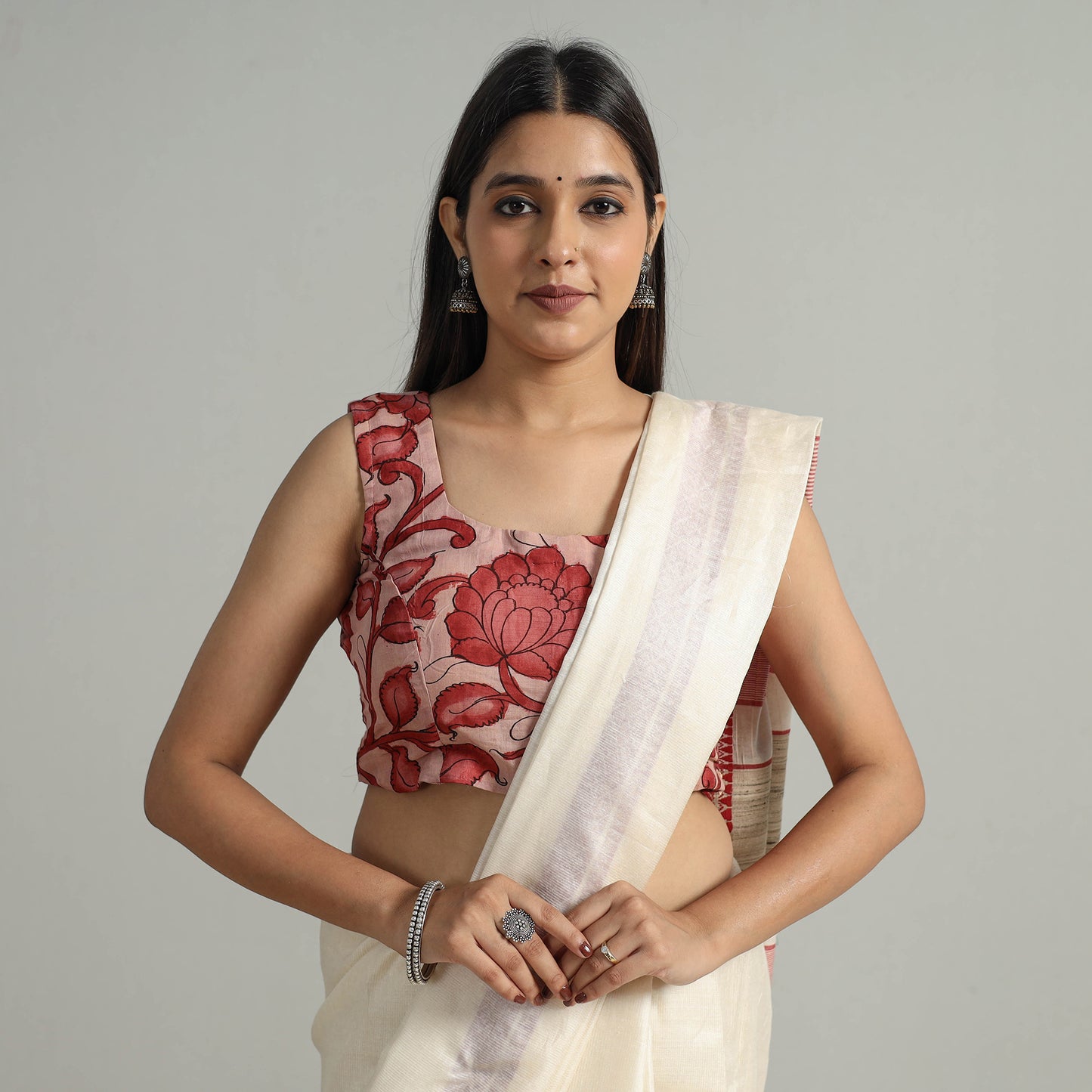 Buy Srikalahasti Handpainted Penwork Kalamkari Chanderi Silk Stitched Blouse 02 Online at iTokri.com