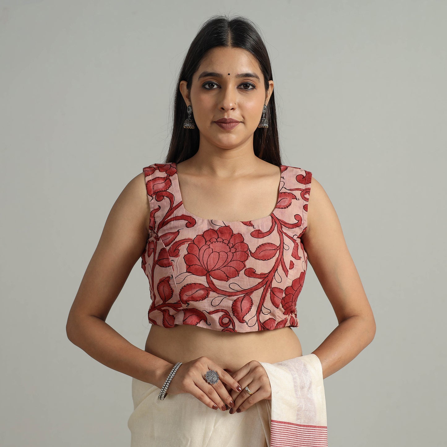 Buy Srikalahasti Handpainted Penwork Kalamkari Chanderi Silk Stitched Blouse 02 Online at iTokri.com