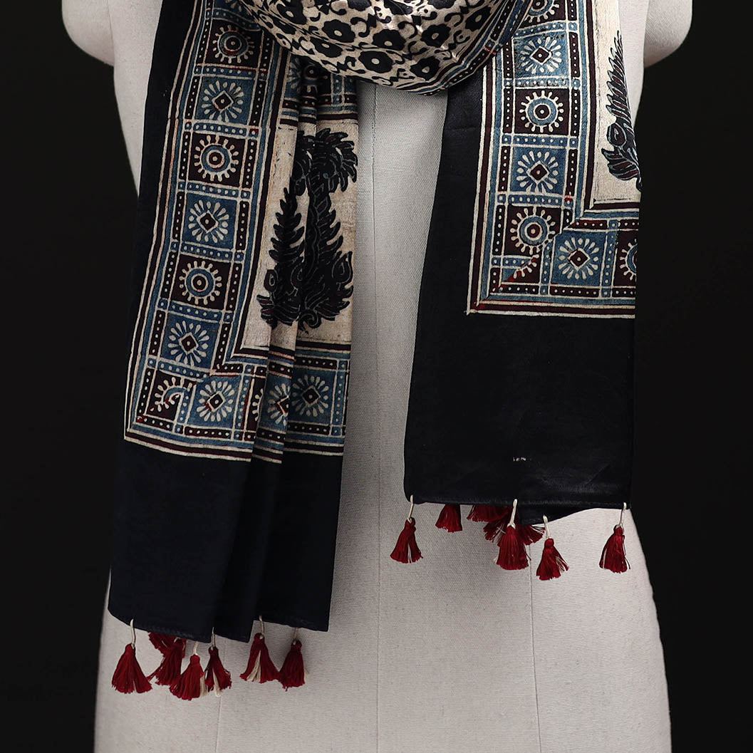 Ajrakh Hand Block Print Natural Dyed Mashru Silk Stole 11