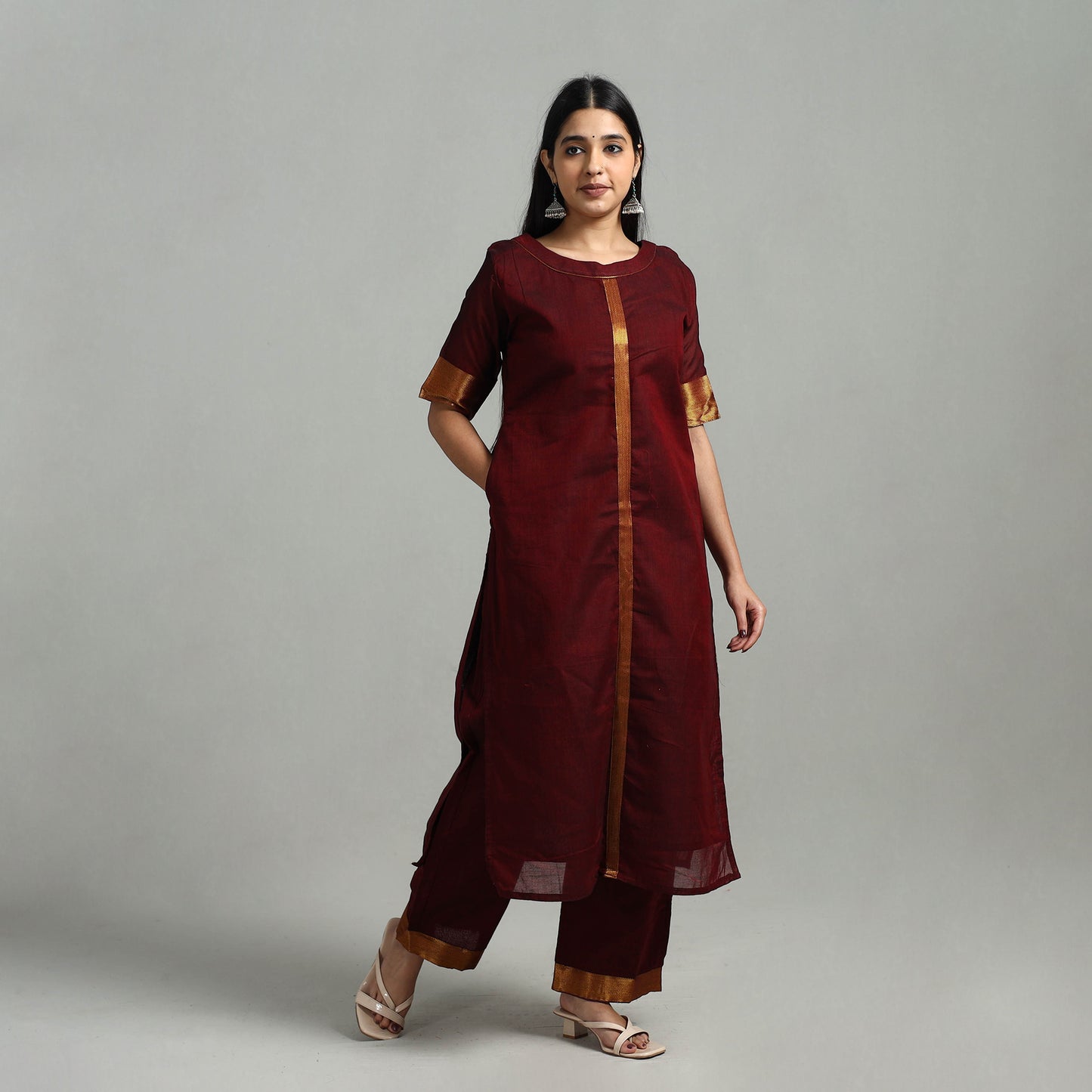 Maroon - Cotton Dharwad Kurta Set with Palazzo & Dupatta 10