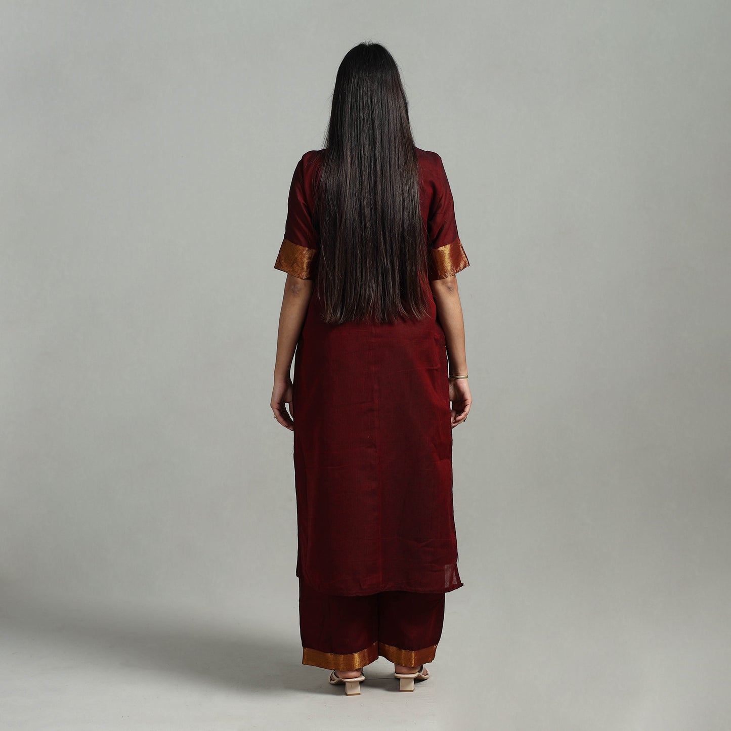 Maroon - Cotton Dharwad Kurta Set with Palazzo & Dupatta 10