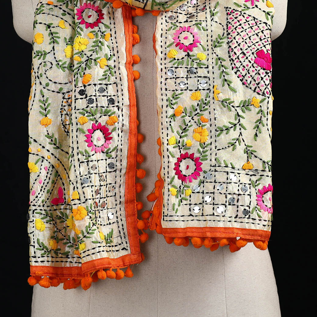Ranihati Chanderi Silk Hand Embroidered Stole with Pom Pom 254