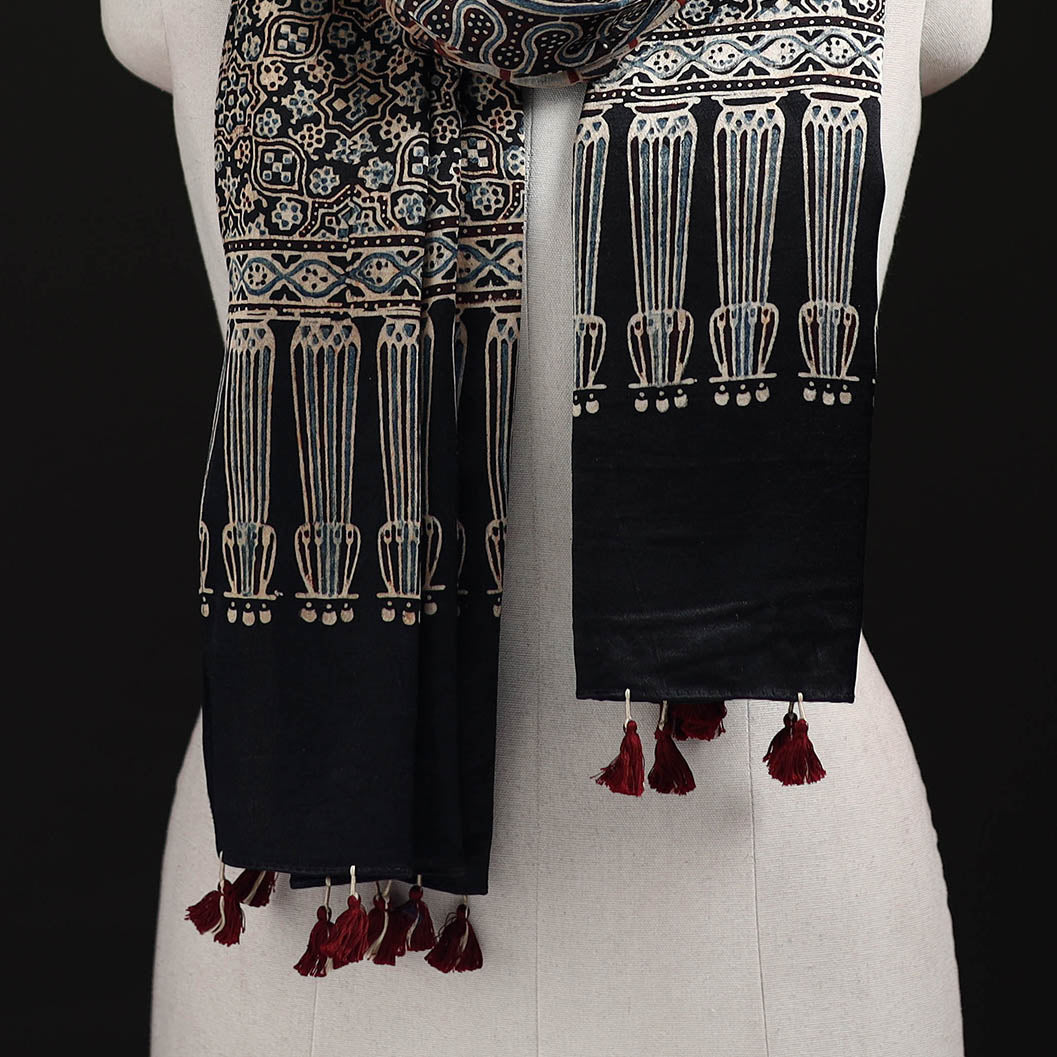 Ajrakh Hand Block Print Natural Dyed Mashru Silk Stole 13