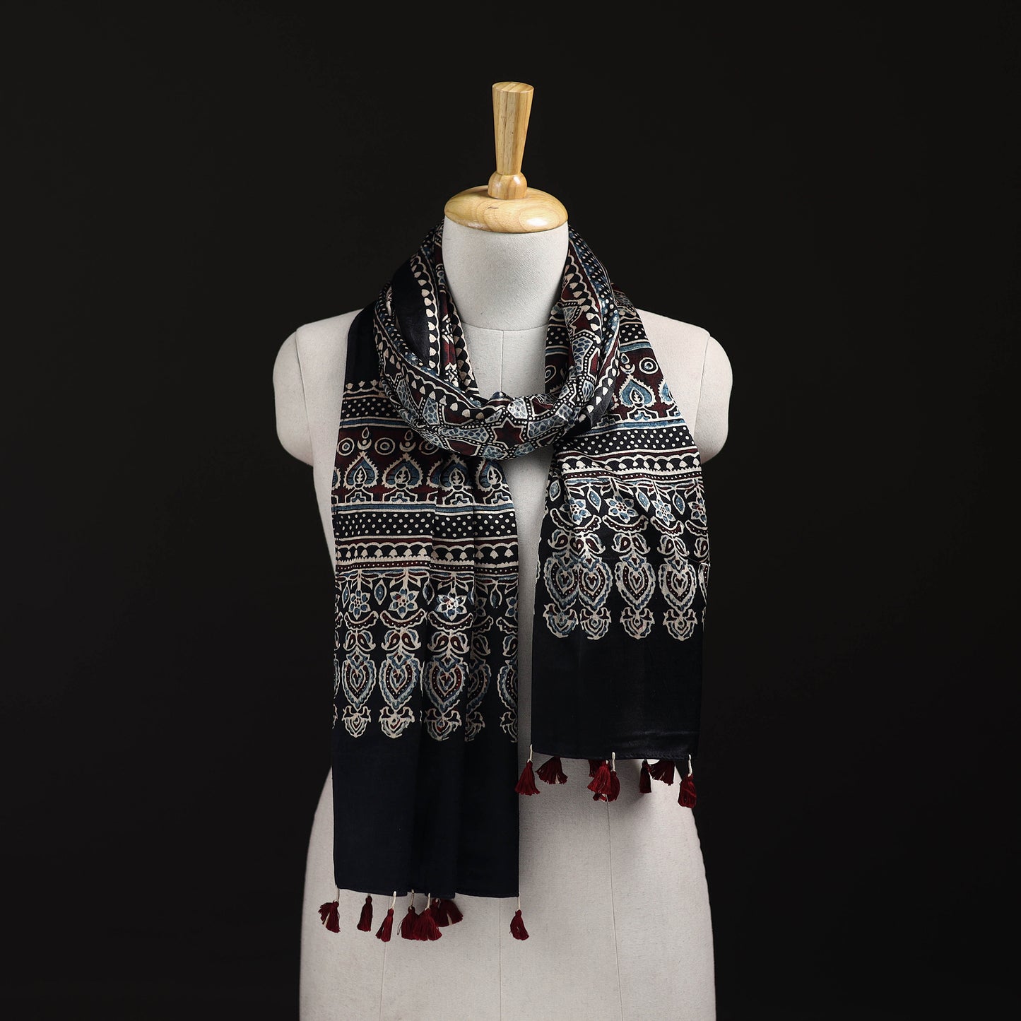 Ajrakh Hand Block Print Natural Dyed Mashru Silk Stole 14