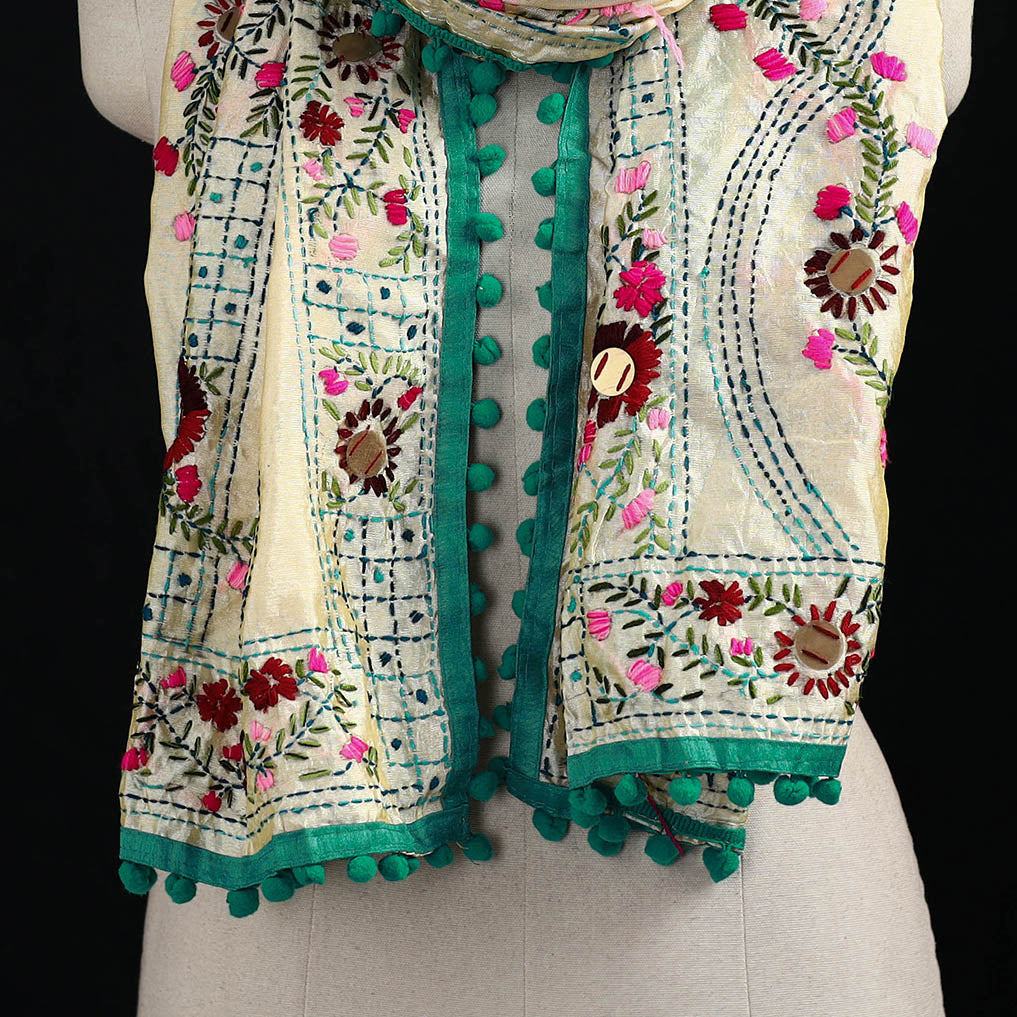 Ranihati Chanderi Silk Hand Embroidered Stole with Pom Pom 256