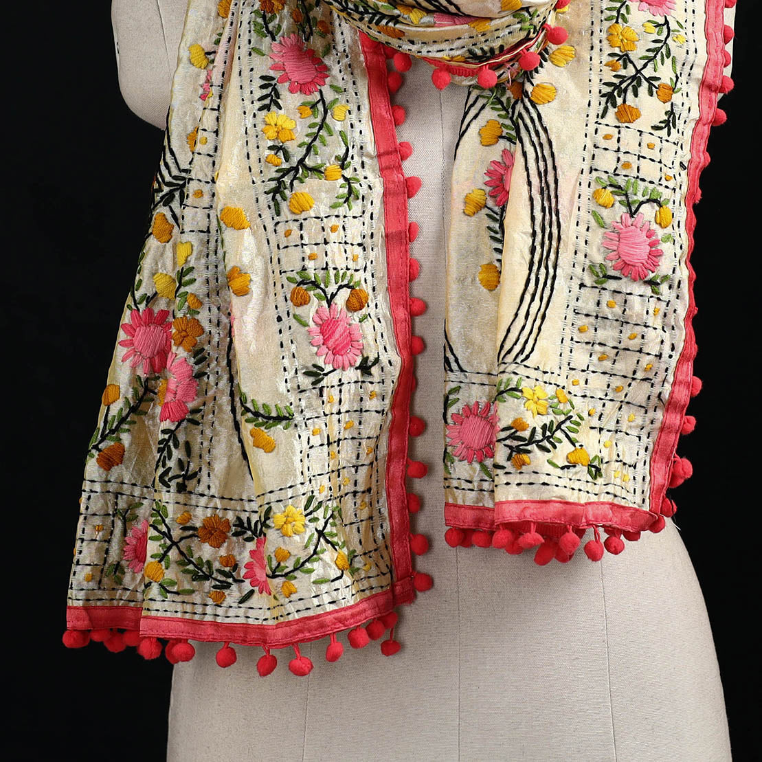 Ranihati Chanderi Silk Hand Embroidered Stole with Pom Pom 257