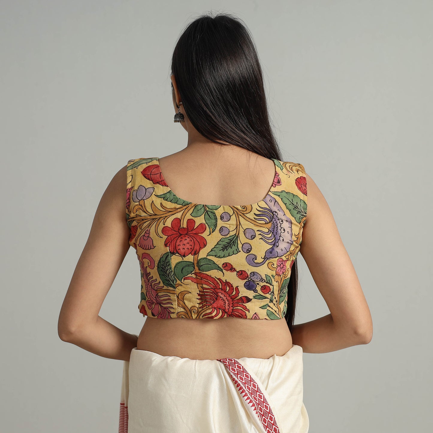 Yellow - Srikalahasti Handpainted Penwork Kalamkari Chanderi Silk Stitched Blouse 05
