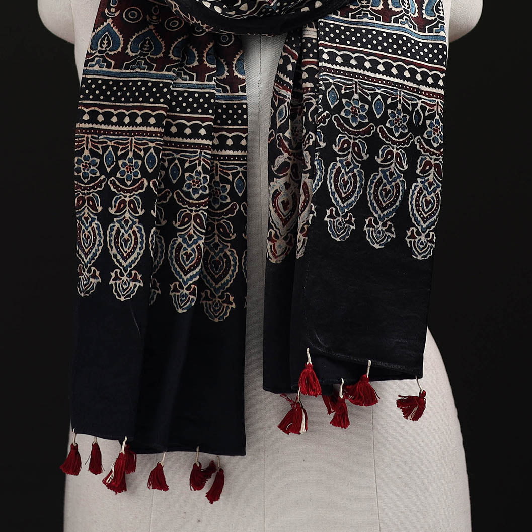 Ajrakh Hand Block Print Natural Dyed Mashru Silk Stole 17
