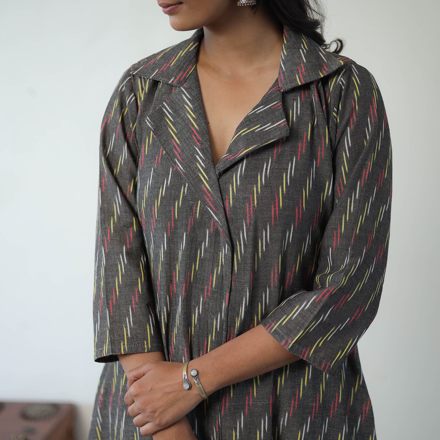 Grey - Handloom Cotton Pochampally Ikat Kurta Set with Dupatta 10