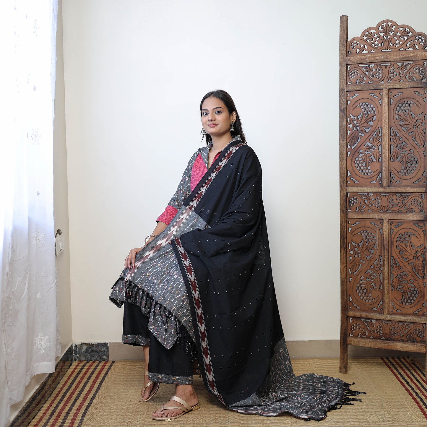 Grey - Handloom Cotton Pochampally Ikat Kurta Set 04