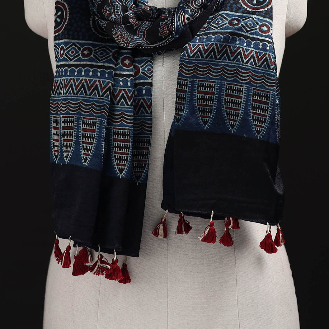 Ajrakh Hand Block Print Natural Dyed Mashru Silk Stole 20
