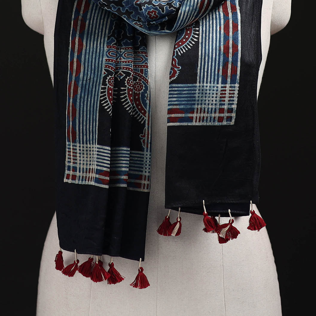 Ajrakh Hand Block Print Natural Dyed Mashru Silk Stole 21