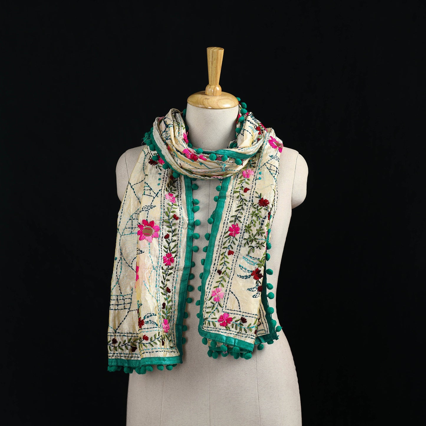 Ranihati Chanderi Silk Hand Embroidered Stole with Pom Pom 262