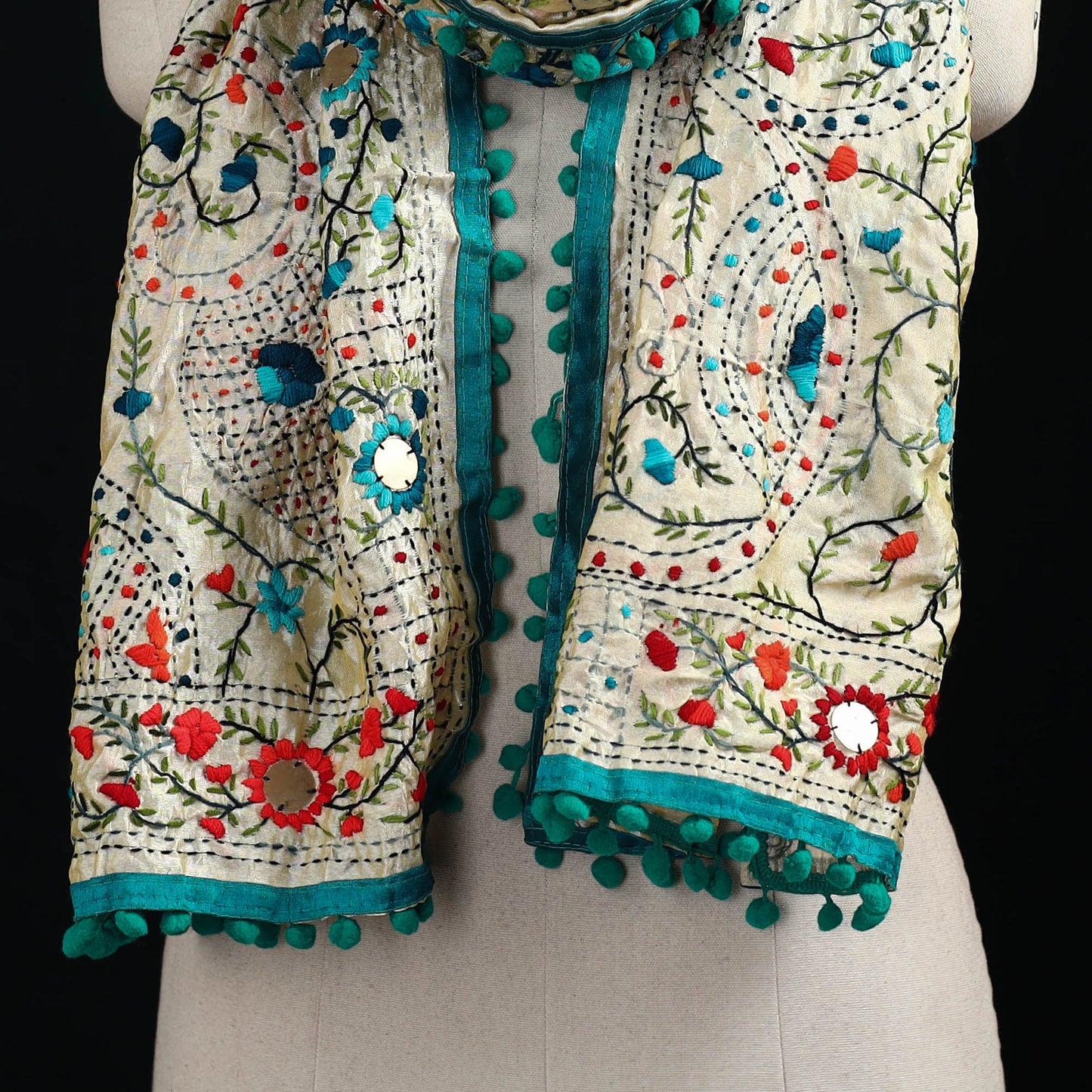 Ranihati Chanderi Silk Hand Embroidered Stole with Pom Pom 265